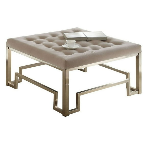 Benzara Modern Style Square Shaped Wood and Metal Cocktail Ottoman, Gold and Beige