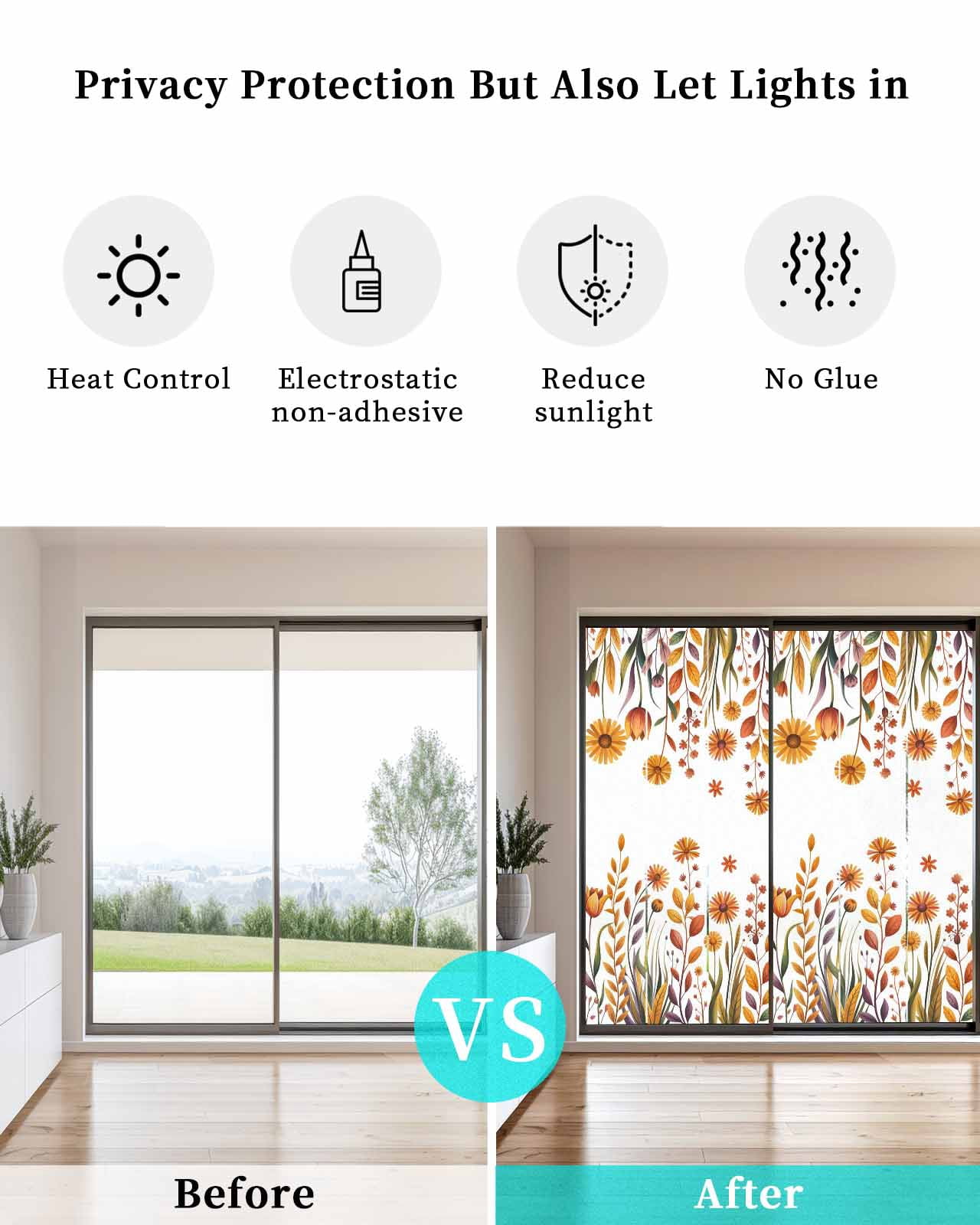 Window Privacy Film Fall Flowers Stained Glass Window Film Decorative Sun Block Window Cover Farmhouse Watercolor Orange Floral Herbs Window Clings Static Adhesive Sticker for Bathroom 29.5"x78.7"