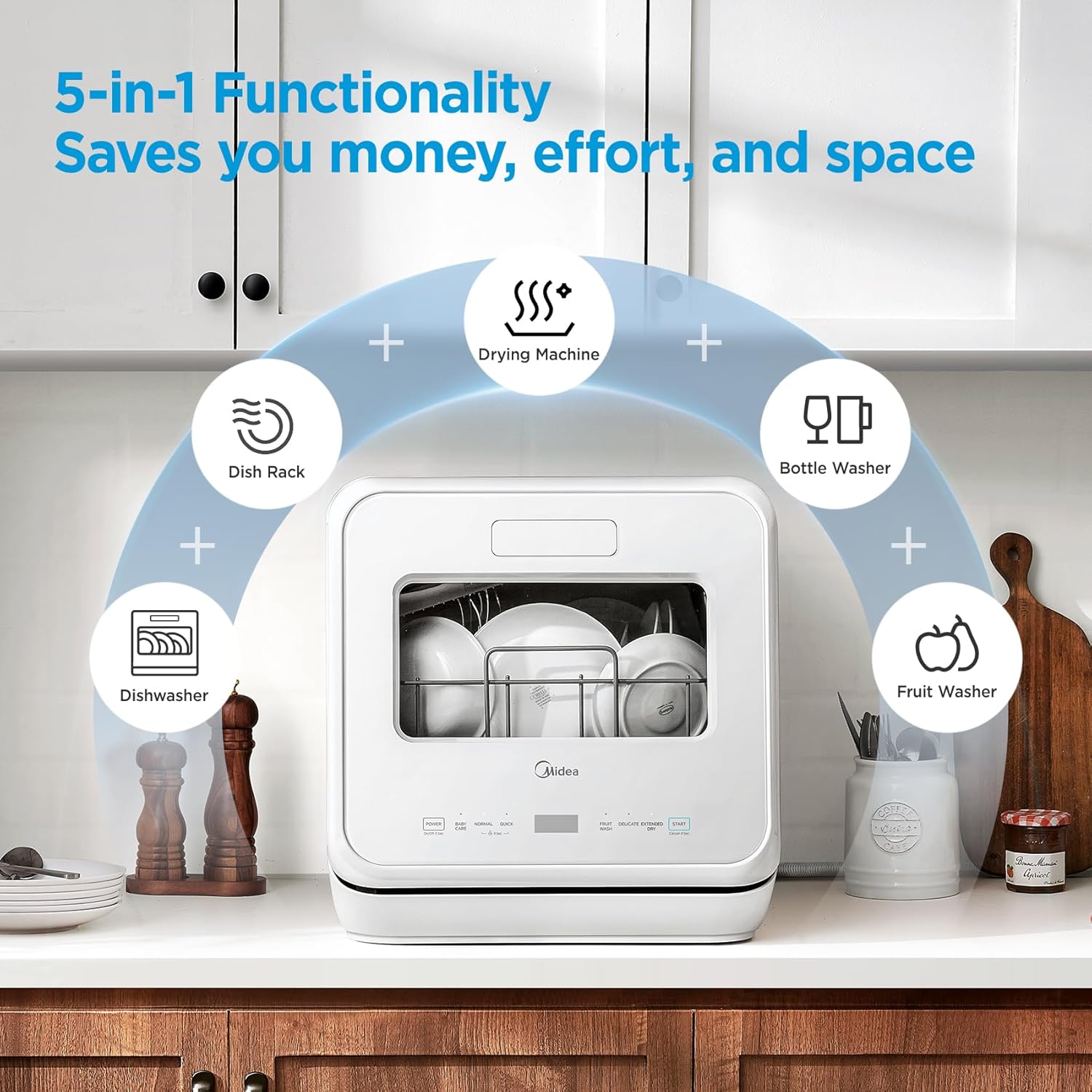 Midea Portable Countertop Dishwasher, 5-Liter Tank, Auto Open Door, 5 Wash Programs, UV Hygiene, White