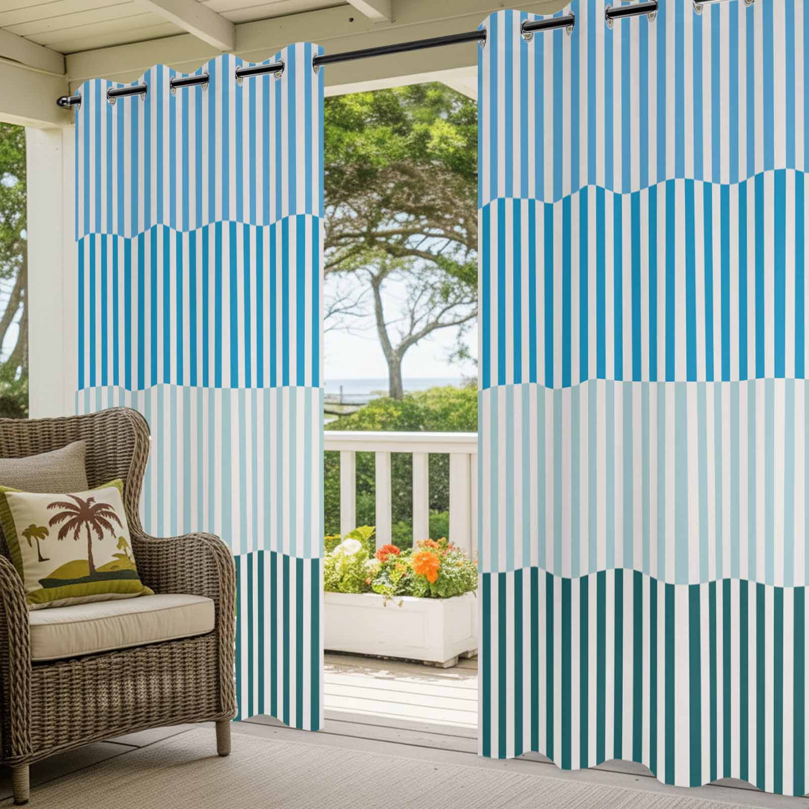 Colorful Stripe Outdoor Curtains for Patio Waterproof,Windproof Privacy Curtains with Weighted Bottom,Modern Teal Blue Green Vertical Striped Outside Drapes for Picnic Garage Yard 54"x108" 2 Panel
