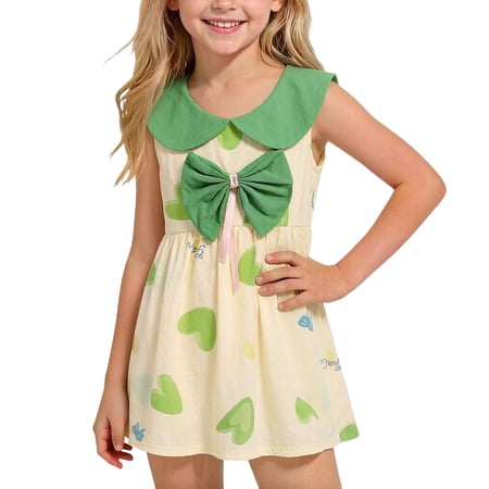 Atogsazn Toddler Girl Summer Midi Dress Kids Casual Flowy Printed Bow Lightweight Dresses A Line Sundress Green 7-8 Years Fashion