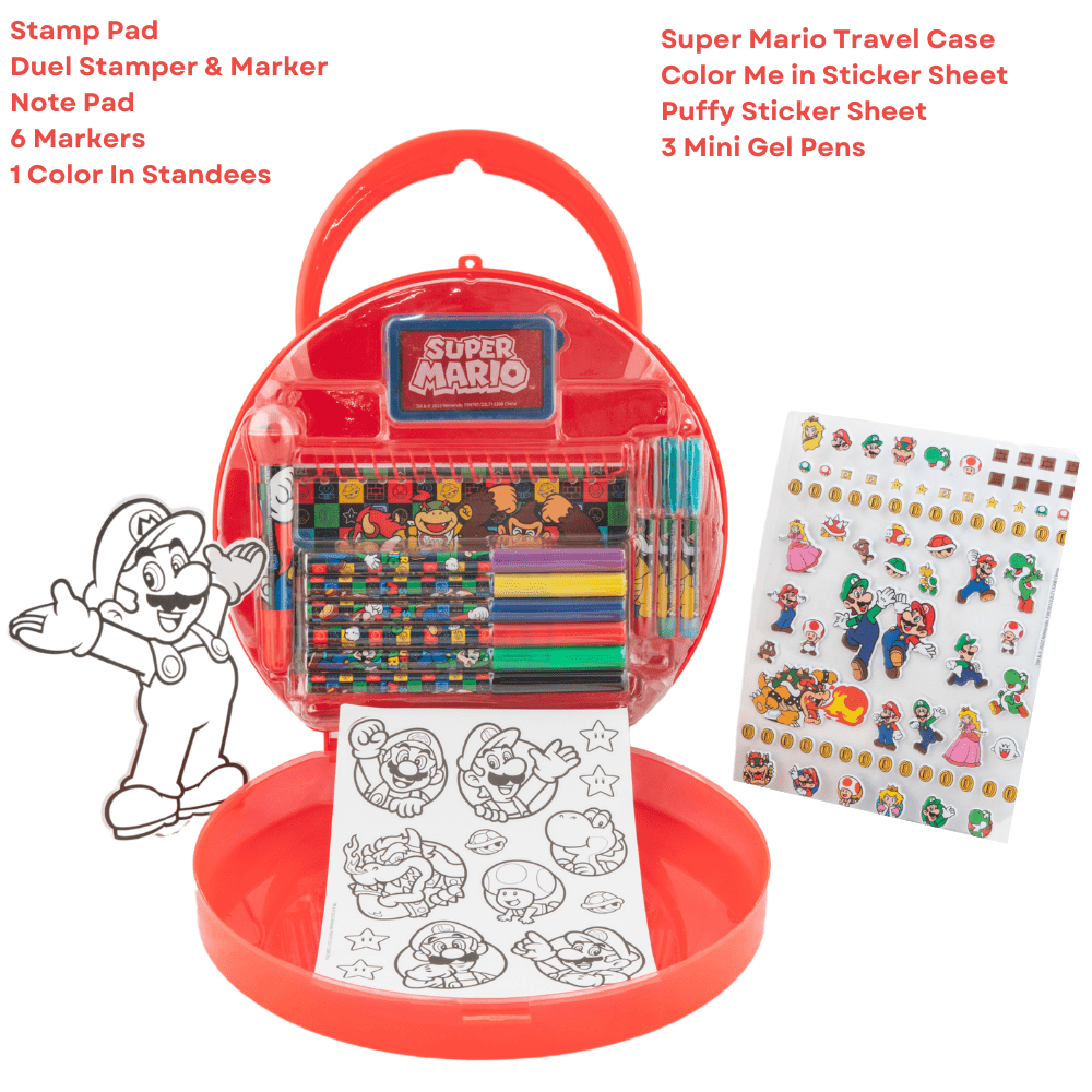 Super Mario Kids Art Supplies Gel Pens Markers Stickers with Hard Travel Carry Case