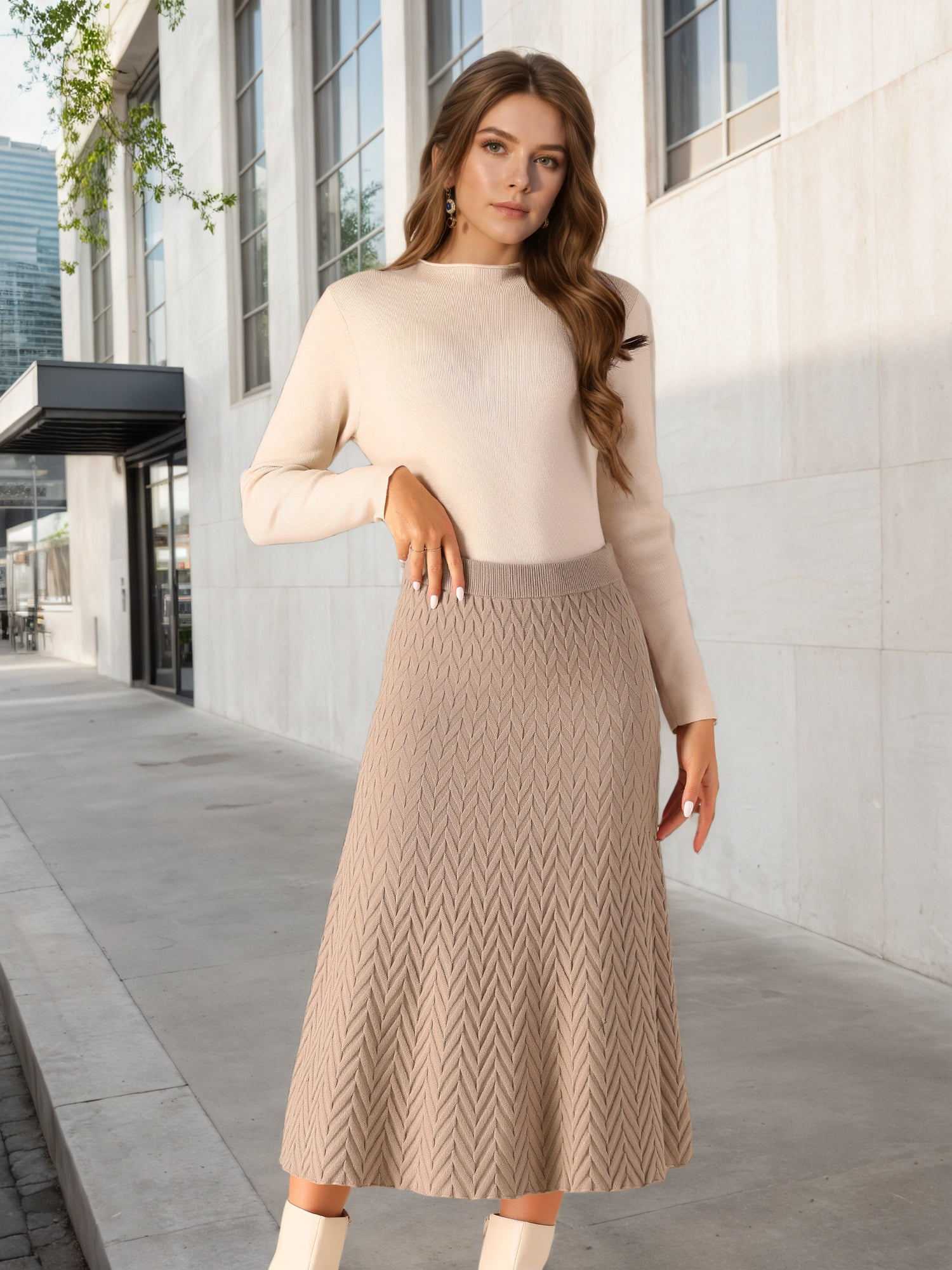 DARING DIVA Women's A-Line Skirts Stretchy Sweater Midi Skirt M Brown