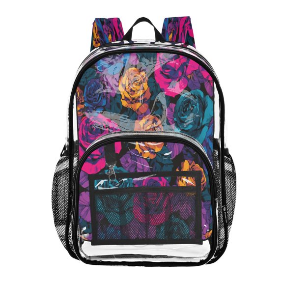 Large Clear PVC Backpack Heavy Duty See Through Backpack for Adults Work Travel, Neon Rainbow Roses Printed 12L