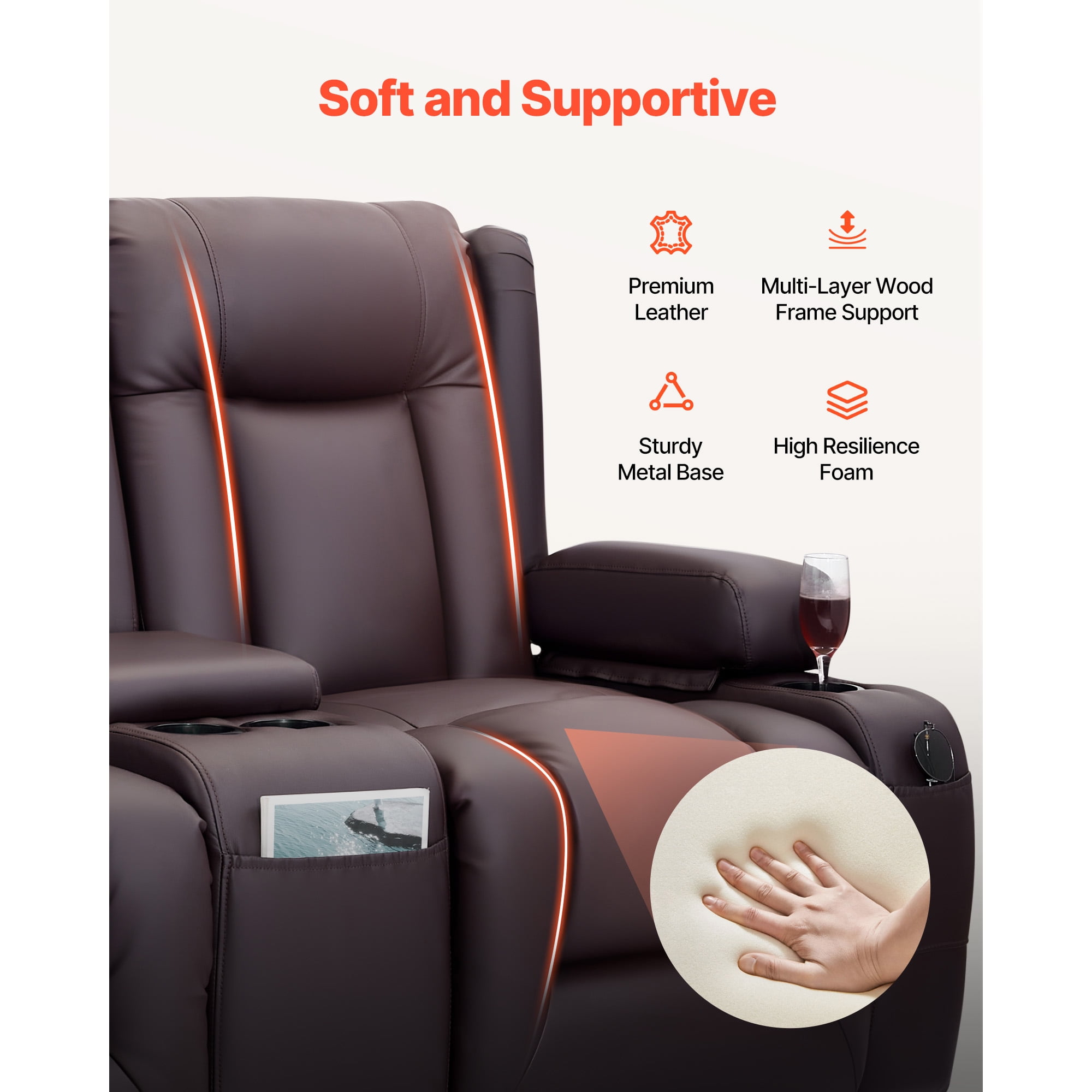 KFFKFF Reclining Loveseat Sofa with Heating, Massage, and Timer, PU Leather Electric Couch with Center Console, USB Ports, Cup Holders, and Side Pockets for Living Room