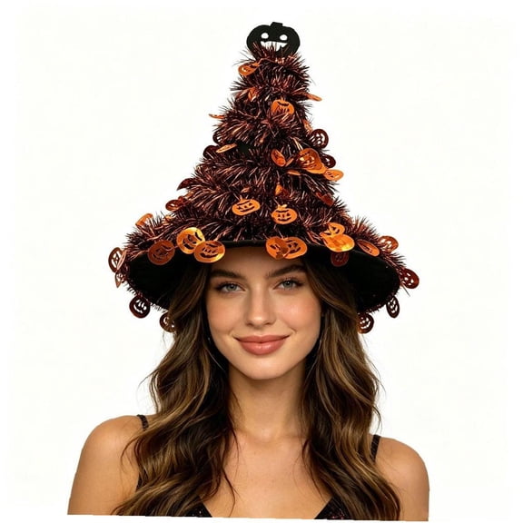 Wiywef Halloween Sequin Tinsel Witch Hat Pumpkin Skull Decor Prop