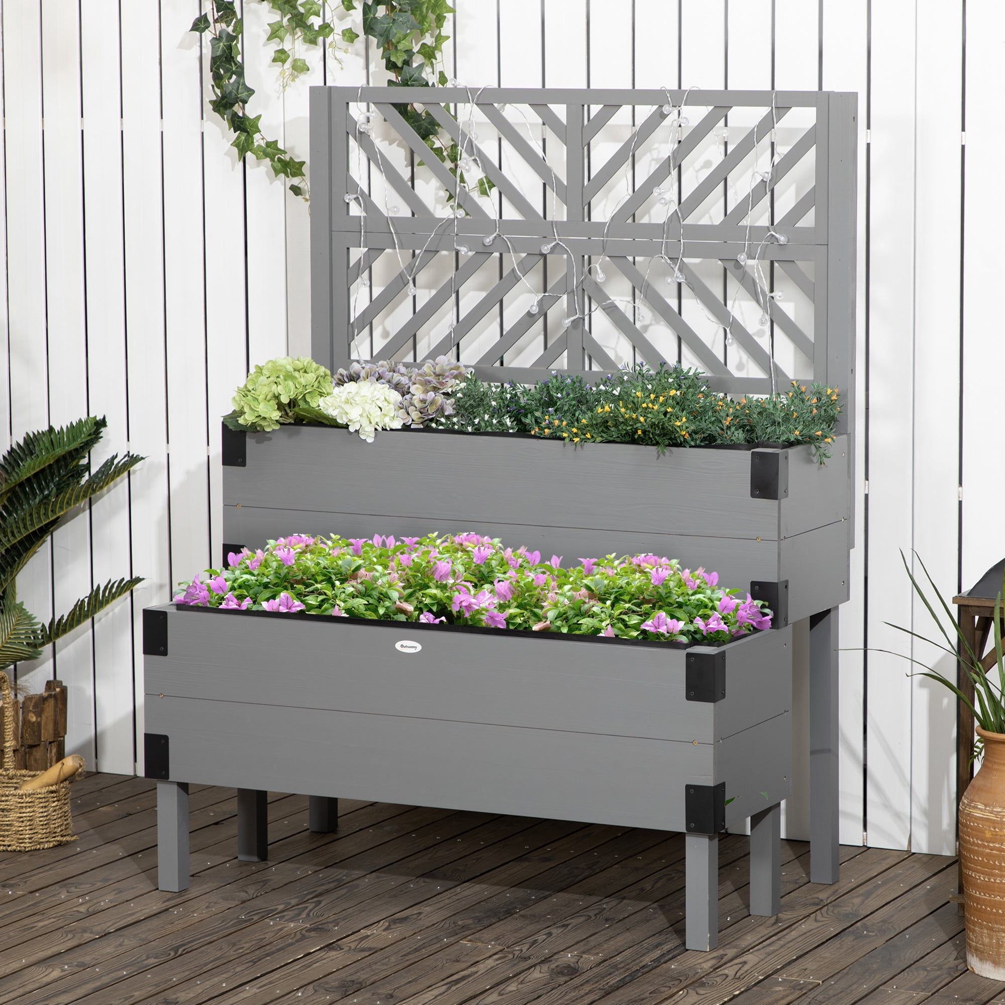 Raised Garden Bed with Trellis, 2 Tier Wooden Elevated Planter Box with Legs and Metal Corners, for Vegetables, Flowers, Herbs, Gray