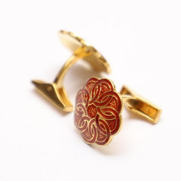 Vintage Maroon Enamel Floral Pattern Round Sterling Silver Cufflinks – Elegant Men's Accessories