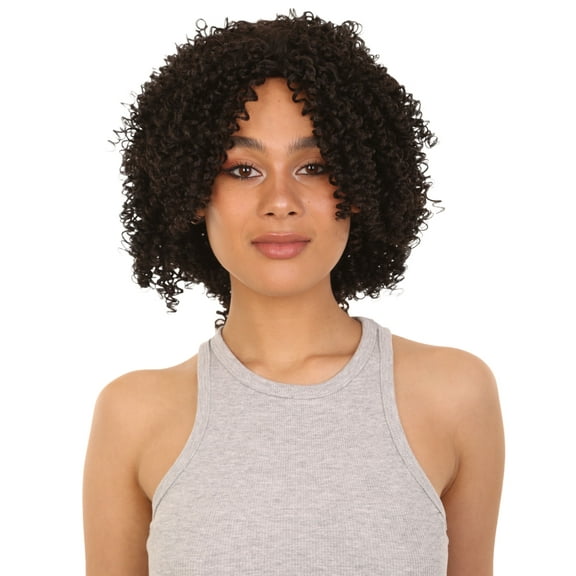 LUXLUXE Alexandra Curly Layered 14 in Long Half Wig Mix Human Hair and Synthetic Fibers, Dark Brown Color