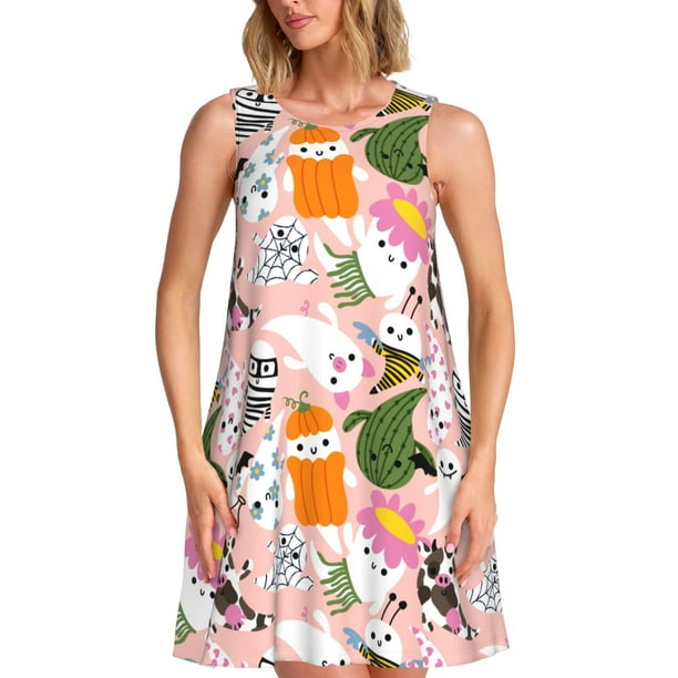 Disketp Cartoon Halloween para Vestido sin Mangas para Mujeres, Vestidos de Verano para Mujeres, Casual y Holgado para la Playa
