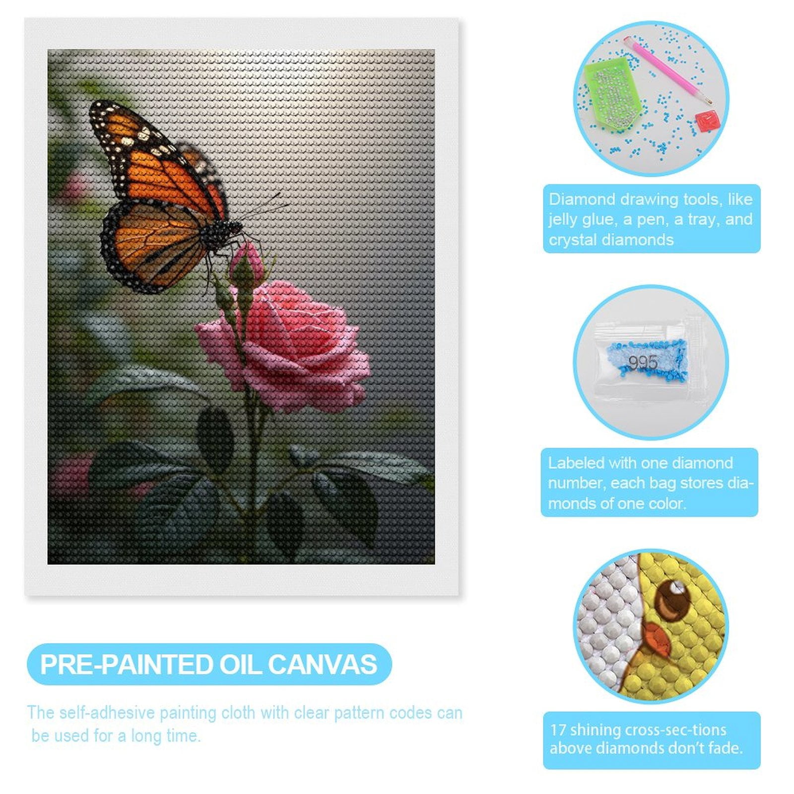 Diamond Art Kits for Adults - Butterfly Rose Sunlight Bloom 5d Diamond Painting for Adults, Diamond Art for Adults Beginners, Frameless Diamond Painting Kits for Adults for Home Wall Decor