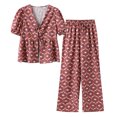 thumbnail image 1 of Conjunto de pantalón largo estampado para mujer, camisa de manga corta con cordones, pantalones informales, 2 piezas, verano 2024, 1 of 5