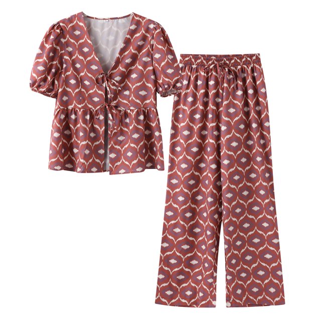Conjunto de pantalón largo estampado para mujer, camisa de manga corta con cordones, pantalones informales, 2 piezas, verano 2024