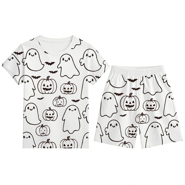 TBWNWG Ensembles et Ensembles pour Garçons Confortable Col Rond Manches Courtes Short Ensemble de Pyjama pour l'Halloween Noir Blanc Ligne Bricolage Décontracté Tenue de Détente pour Enfants 2-12 Ans, Taille 11-12 Ans