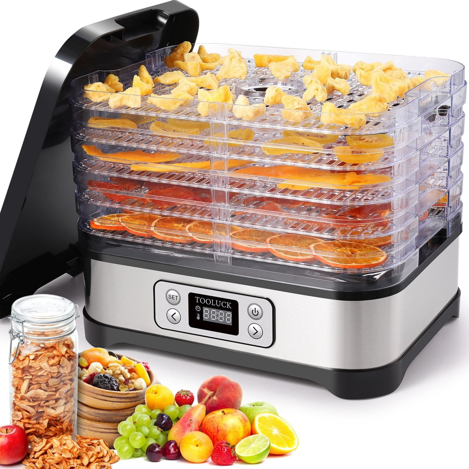 Professional Food Dehydrator Machine, Jerky Dehydrator with Timer, Five Tray and LCD Display Screen, Electric Multi-Tier Food Preserver for or Fruit Vegetable Dryer -
