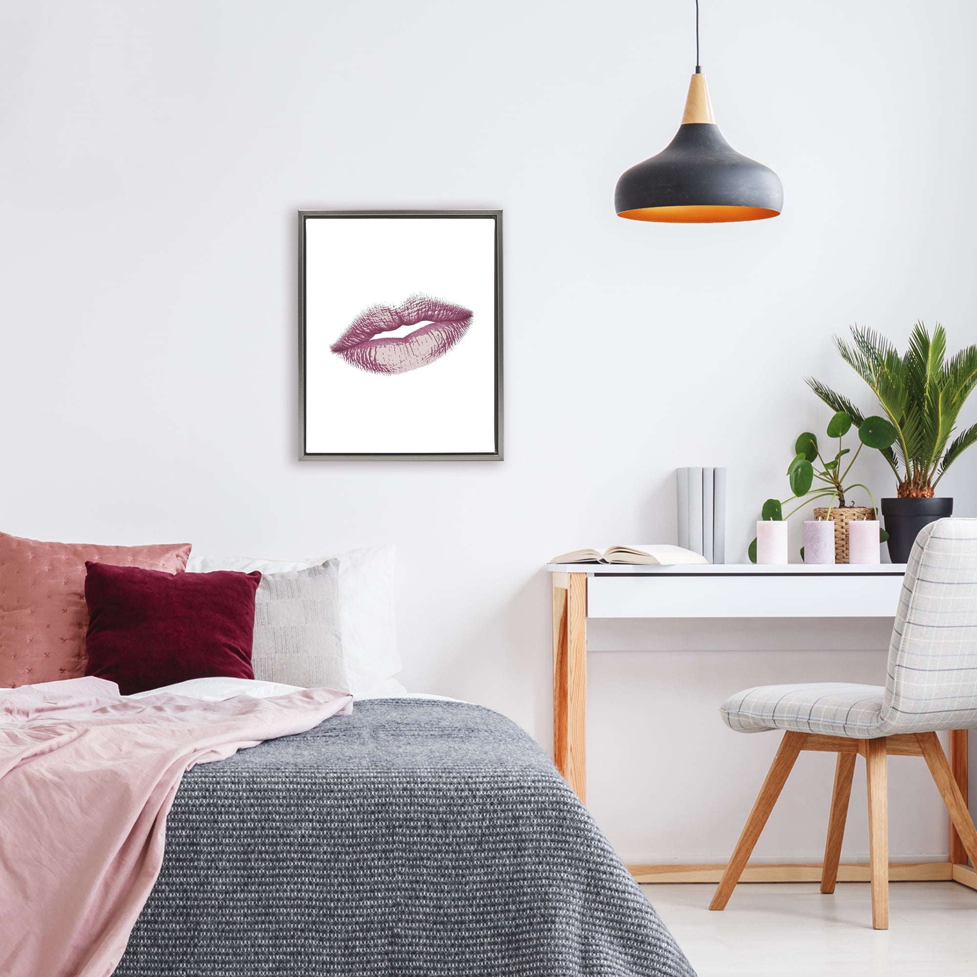 Feminine Pink Lips Glam Gray Framed Floater Canvas Wall Art, design by Christine Simpson Art