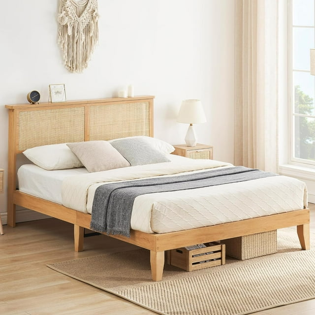 Queen Bed Frame with Rattan Headboard ,LED Lights,Solid Wood Foundation for Summer with Wood Slat Support/No Box Spring Needed/Easy Assembly