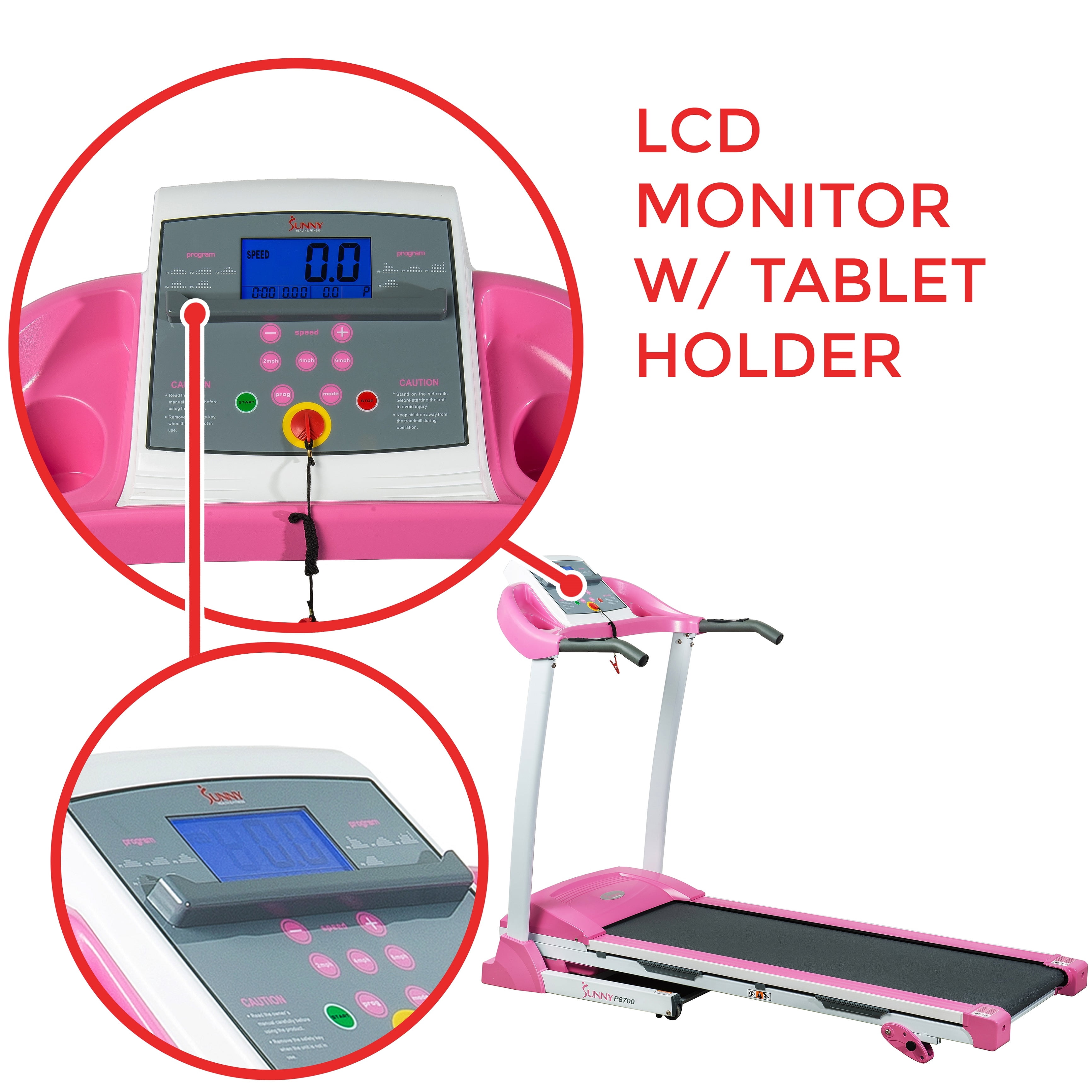 Sunny Health & Fitness Treadmill with Manual Incline, Pulse Sensors, Folding, LCD Monitor for Exercise, Pink,  P8700