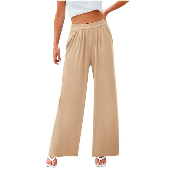 EDFBUYKRS Female Women Pants Casual Womens Pants Petite Women Casual Knitted Ribbed Hight Waist Solid Color Long Pants Trousers with Pockets Xl