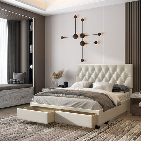 Premier Savona Upholstered Tufted Platform Storage Drawers Bed Frame No Box Spring Required