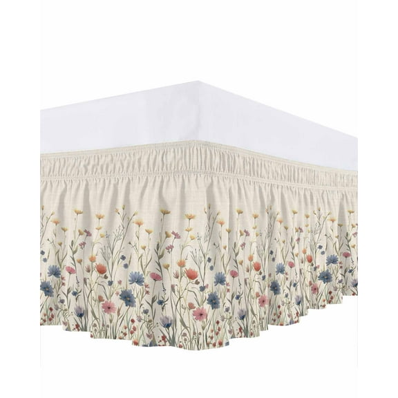 Floral Bed Skirt Queen Size 18" Drop Watercolor Leaves Colorful Daisy Linen Background Ruffled Wrap Around Bed Skirts Adjustable Elastic Bedskirt Dust Ruffle for Queen Size Bed