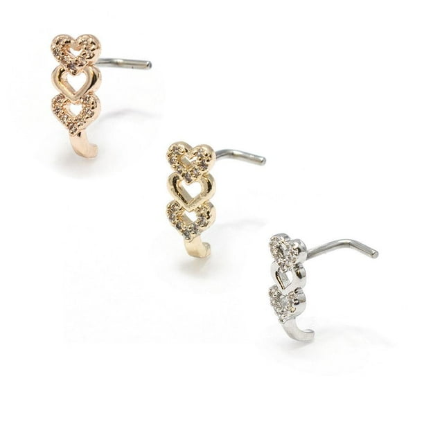 Nose Ring L Bend 1pc CZ Gem Paved Triple Heart 20g 18G Nose Crawler Stud Screw Walmart