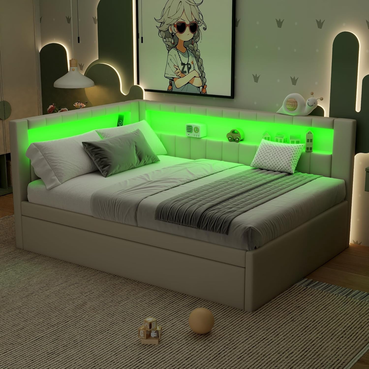 AISWORD Full Size Daybed with Trundle and L-Shaped Bookshelf Headboard, Upholstered Soft Corner Bed with Storage Shelves, Charging Station and LED Belt, White