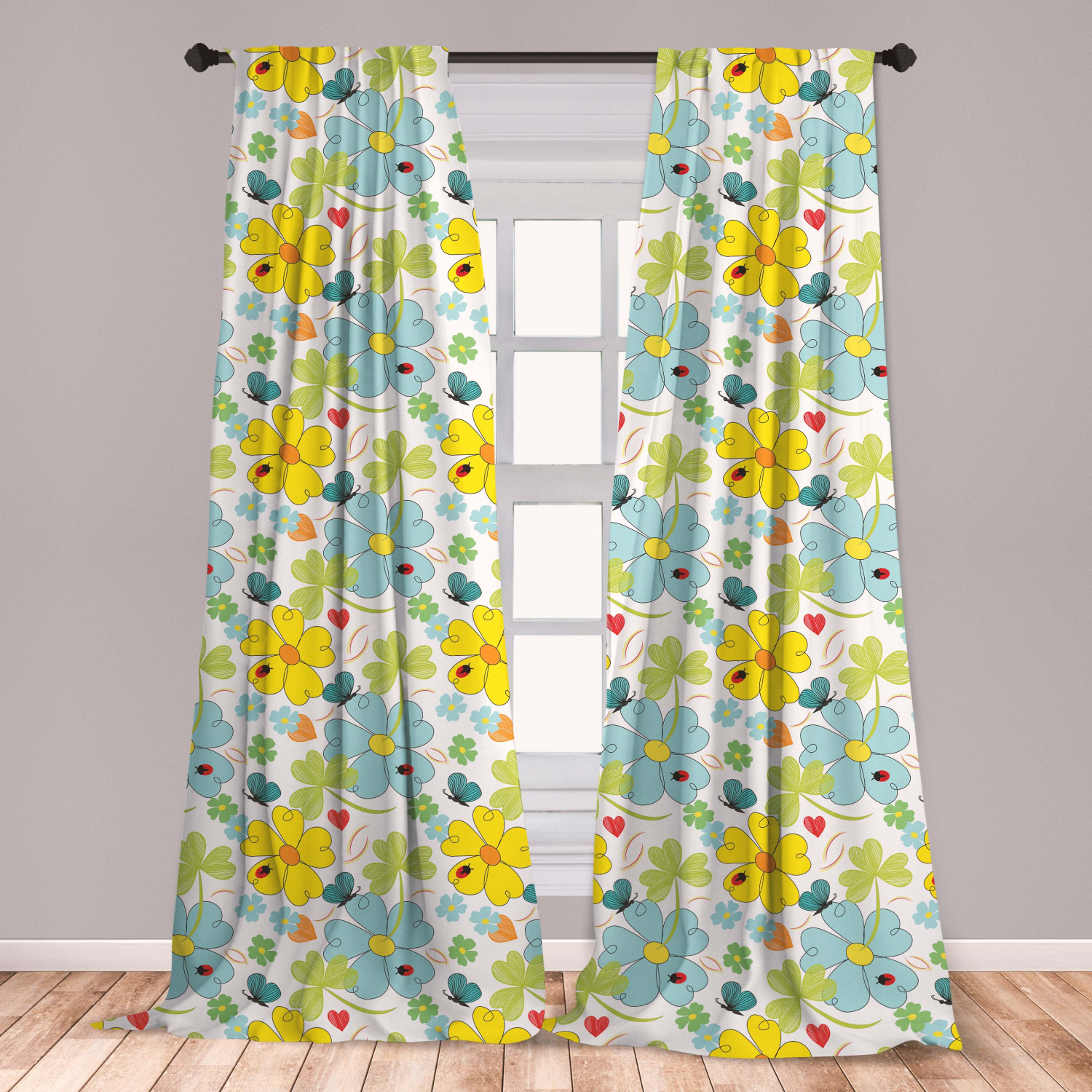 Yellow and Blue Curtains 2 Panels Set, Daisies and Shamrock Flowers
