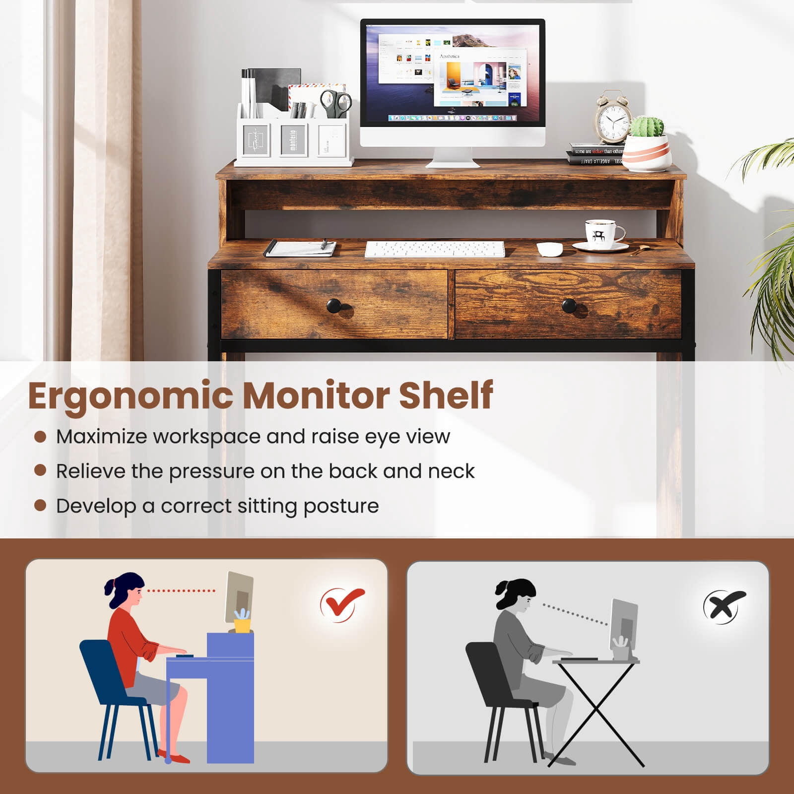 Costway 39.5" Expandable Rolling Computer Desk with Monitor Shelf 2-tier Desktop 2 Drawers Brown