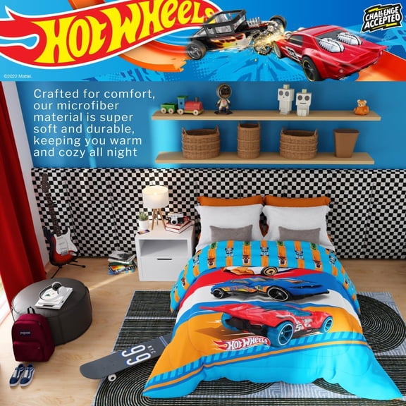 Hot Wheels Reversible Comforter Twin/Full Kids Soft Microfiber Bedding