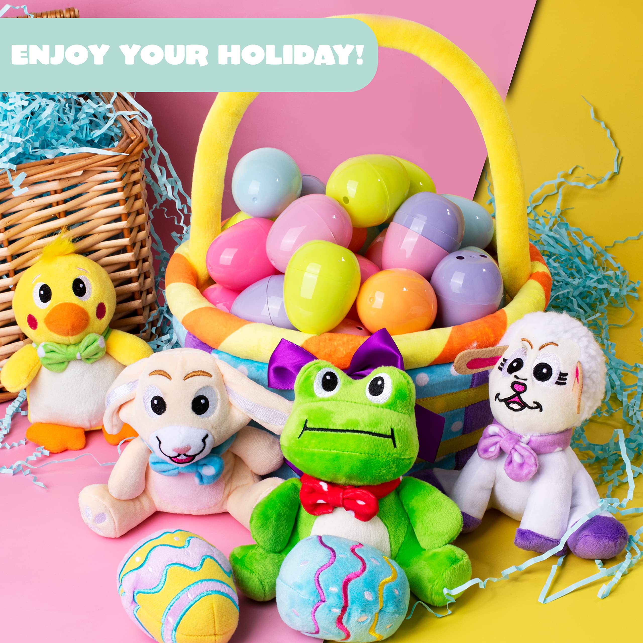 Joyfy 7Pcs Easter Basket for Kids,Basket Stuffers Fillers,Easter Basket Stuffed Animal Plush Playset,Easter Toys for Easter Party Favor Supplies,Easter Eggs Hunt