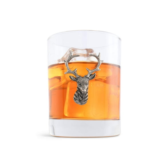 Vagabond House Pewter Elk/Deer Head Double Old Fashion/Bar/Whiskey/Juice/Rocks Deer Head Tumbler Glass Sold as Single 4.5 inch Tall 8 oz