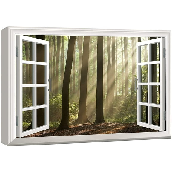 wall26 - Modern White Window Looking Out Into a Foggy Forest with Rays Peeking Through - Canvas Art Home Art - 16"x24"