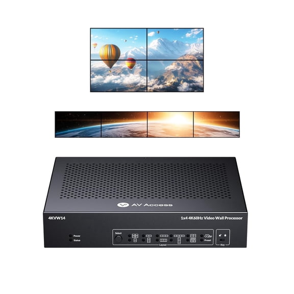 AV Access 4K@60Hz HDR10 HDMI Video Wall Controller 2x2 1x2 2x1 1x3 3x1 1x4 4x1 TV Wall Controller for 4 TV Splicing Display Support 4096x2160 Input & Output, Rotate 60&90 Degree