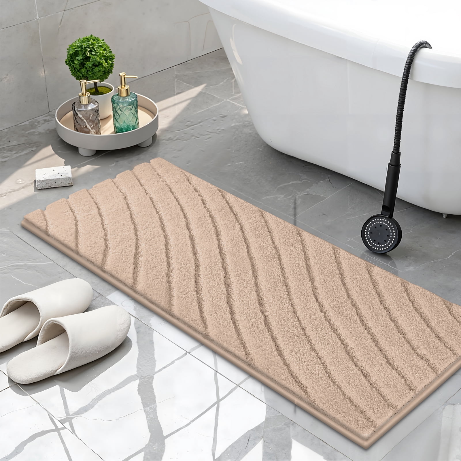 Findosom 3pcs Bathroom Rugs Set with U-Shaped Mat,Non Slip Machine Washable Wave Bath Mat,Ultra Soft Plush Shower Rugs for Bathroom,Tub,Shower20"x32"+20"x59"+U 20"x24"Beige