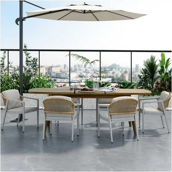 JERFIT 6-Piece Outdoor Patio Dining Set with Expandable Acacia Wood Table and Gray PE Rattan Chairs for Garden, Backyard