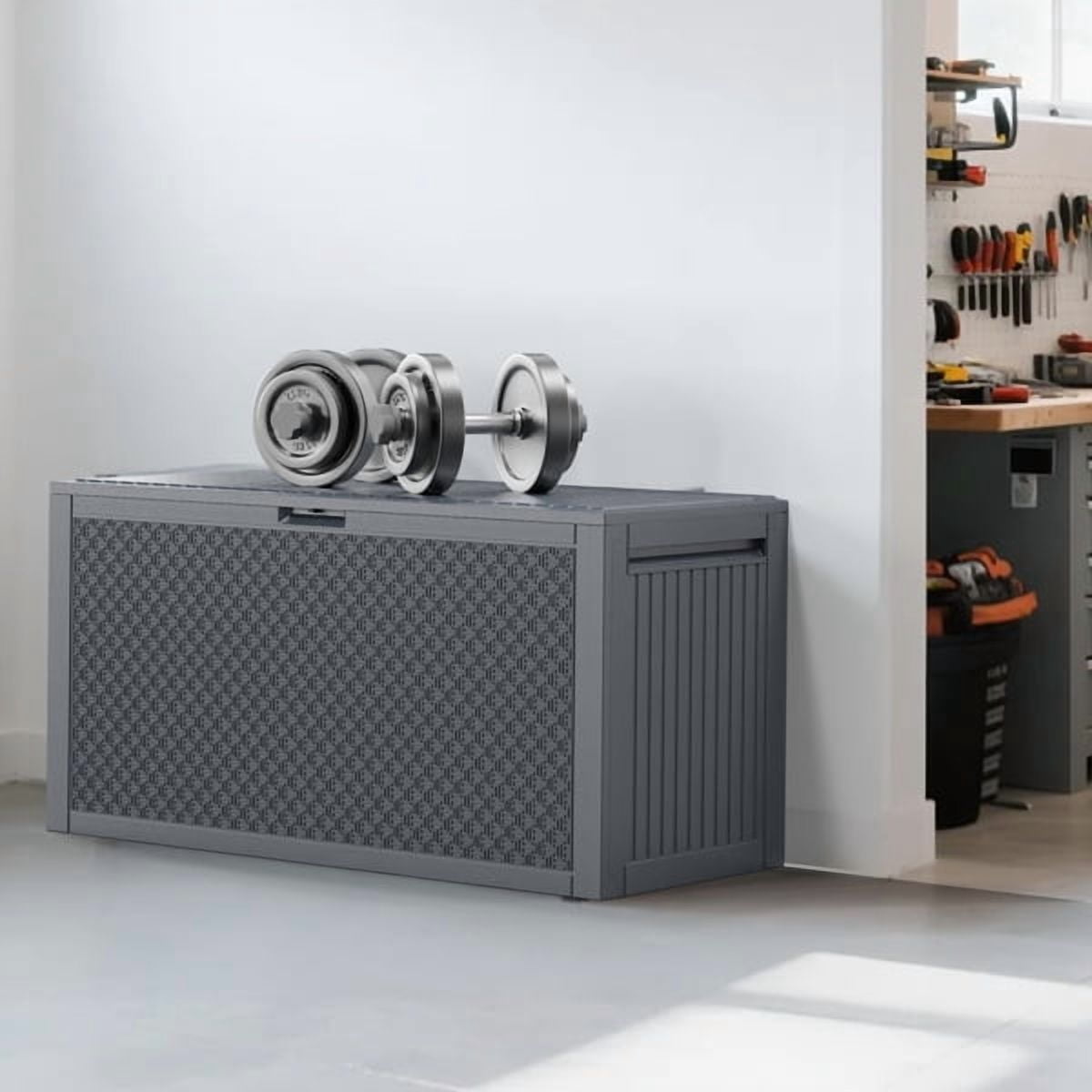 90GAL Outdoor Garden Storage Box with Wheels Weatherproof UV-Resistant Plastic Lockable Seat for Cushions Tools Toys Grey