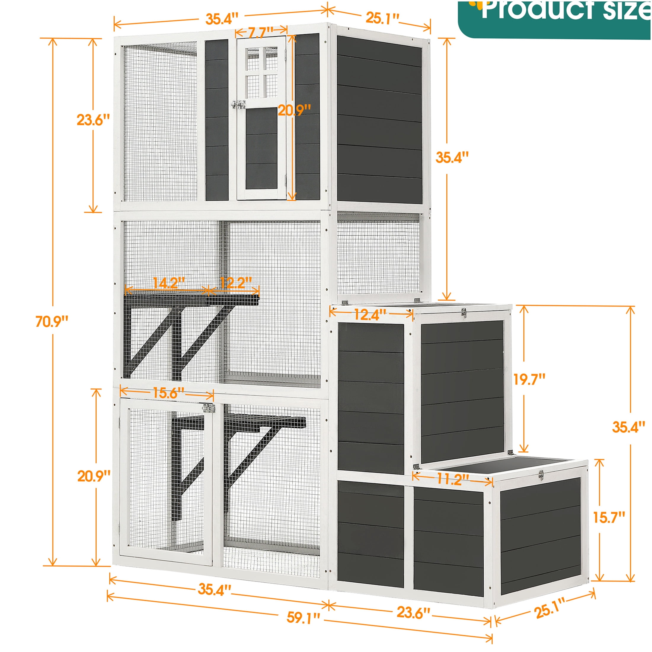 JERFIT 3-Tier Cat House with 4 Platforms & Jump Box, 71" Tall Indoor/Outdoor Wooden Kitty Condo Enclosure for Multiple Cats, Gray