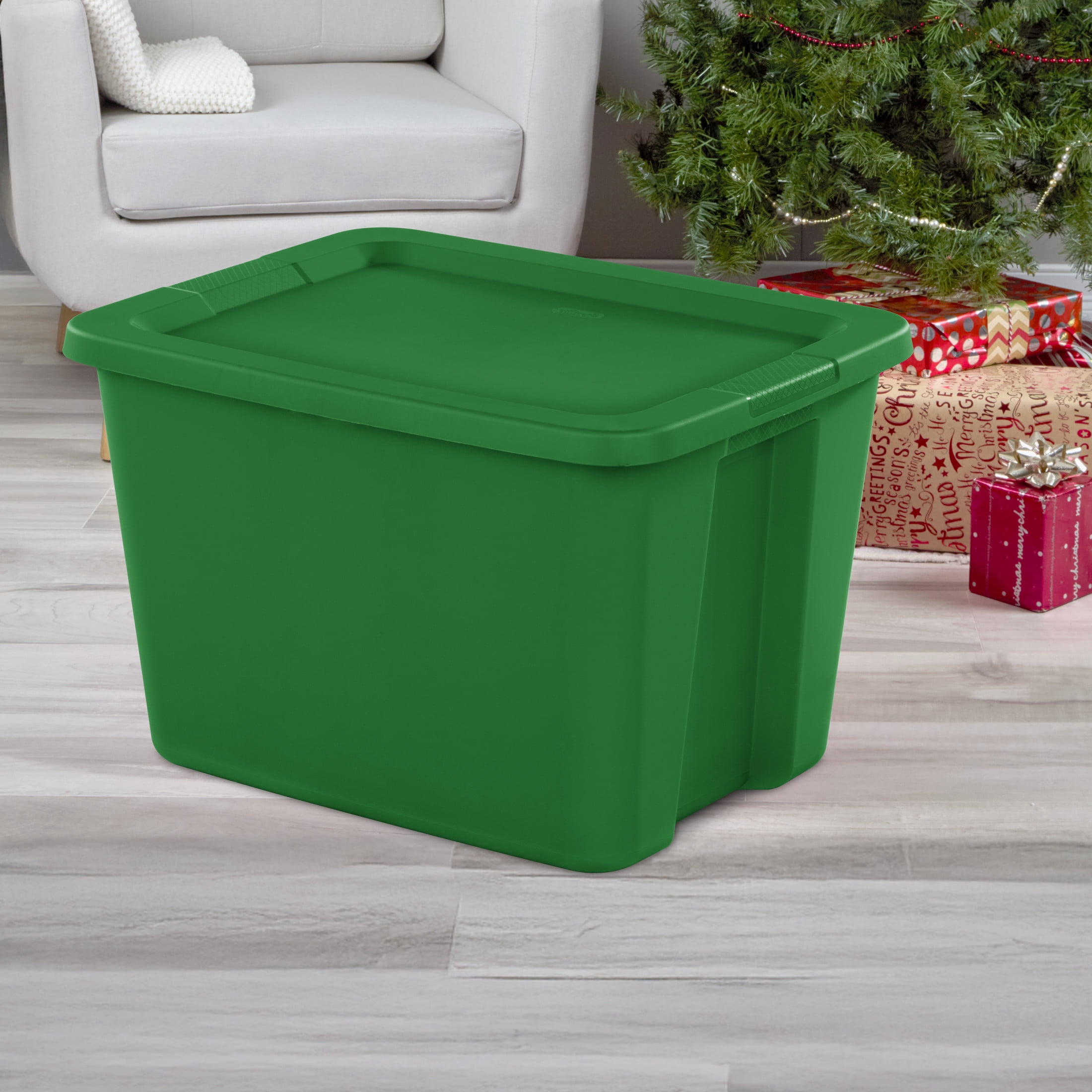 Sterilite 18 Gallon Tote, Plastic Christmas Storage Bin with Snap-on Lid, Ideal for Holiday Linens, Décor, Keepsakes and More, Green