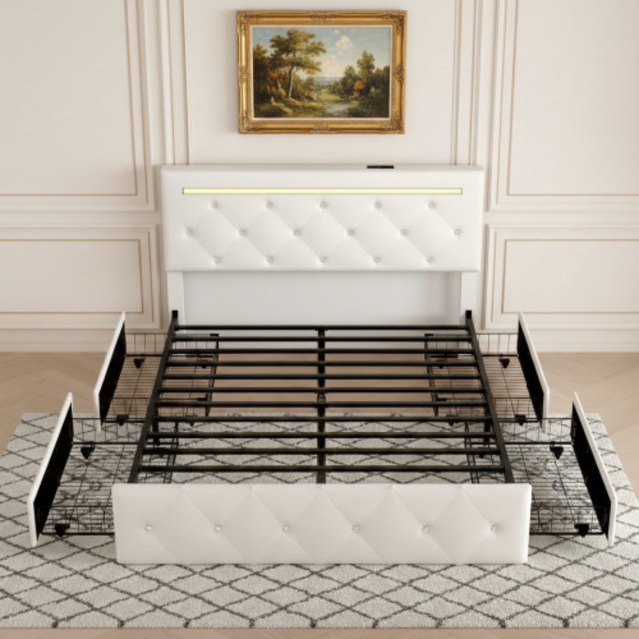 Noble House Quinci Full Bed Frame with LED Light and Adjustable Headboard, Storage Drawers & Charging Station, White