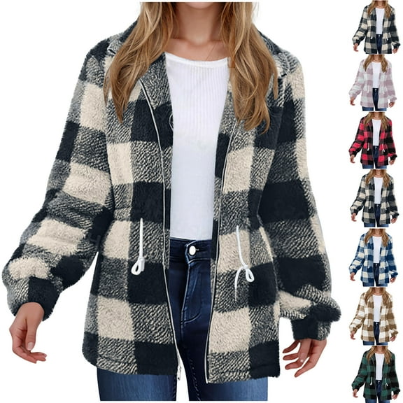 Plus Size Plaid Jackets for Womens Winter Fashion Double-sided Fleece Plaid Long Sleeved Long Coat Jacket Cardigan Overcoat Top