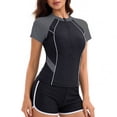 thumbnail image 4 of uvwlwu Women Half Zip Color Block Rash Guard Two Piece Swimsuit with Shorts,M, 4 of 5
