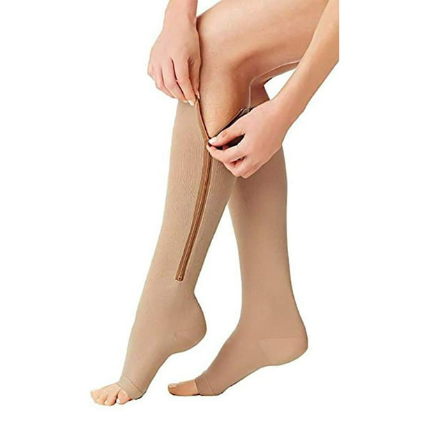 2 Pairs Zipper Compression Socks Open Toe Leg Support Easy-on/Off Knee Compression  Stocking for Nurses,Pregnancy,Flying 