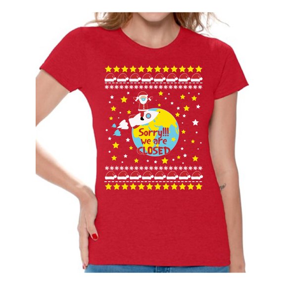 Funny Santa Shirt for Women Christmas Tee for Her Merry Christmas T-Shirt Sorry We Are Closed T Shirts for Girlfriend Mom Wife Santa in Space Top Xmas Gifts Happy Holidays T Shirt Xmas 2020 Outfit