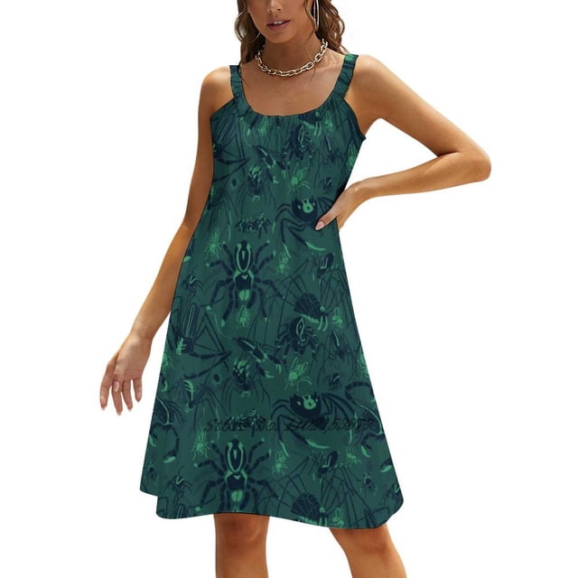 Arachnid Collective - Robe Verte Ample avec Poches pour Femmes Robe Décontractée Col en V Robe Imprimée Motif Araignées Arthropode Vert