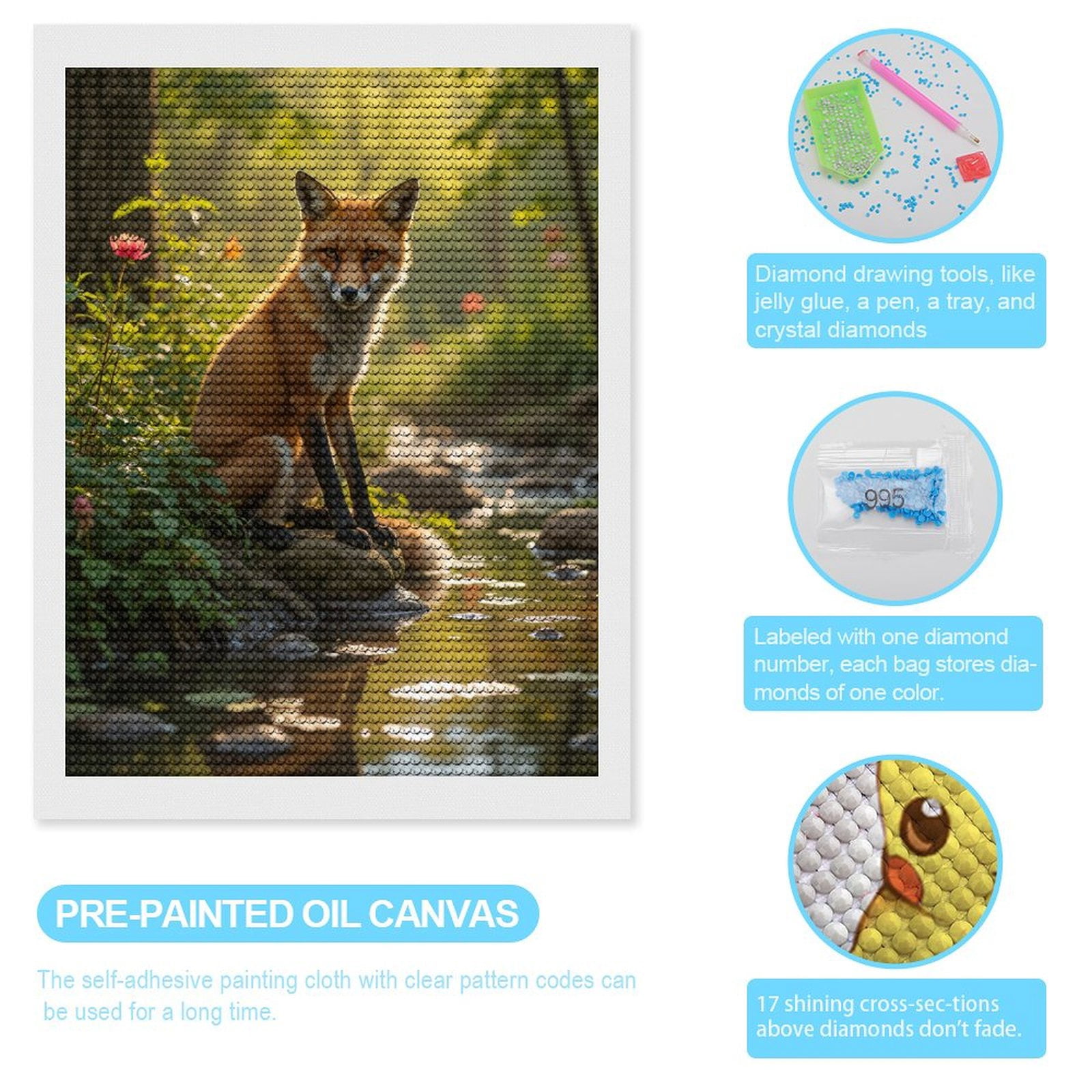 Diamond Art Kits for Adults, Fox Riverside Nature Scene 5D Diamond Painting Kits for Adults Beginners, DIY Full Drill Diamond Painting, Gem Art and Crafts 12x16