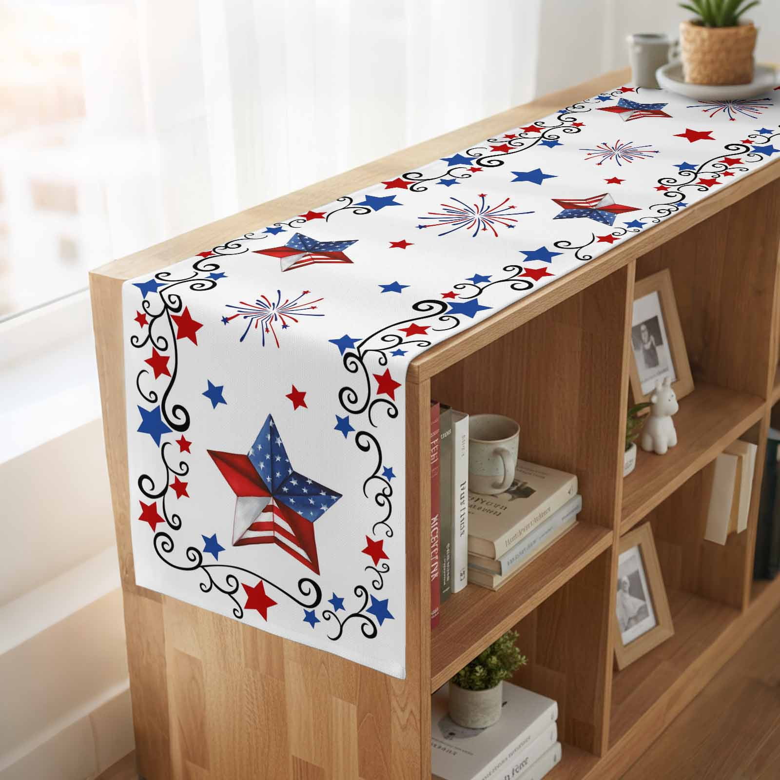 Table Runners 72 Inches Long Dress Scarves, Independence Day Farmhouse Kitchen Table Runner, Coffee Tablerunners, 4th of July Blue Red Star Fireworks 14x72 Inch