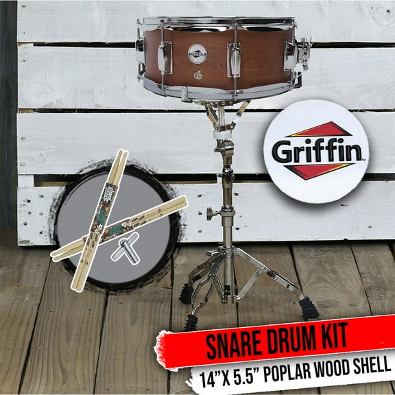 Snare Drum Package Set by Griffin - Snare Stand, Maple Wood Drum Sticks Drum Key