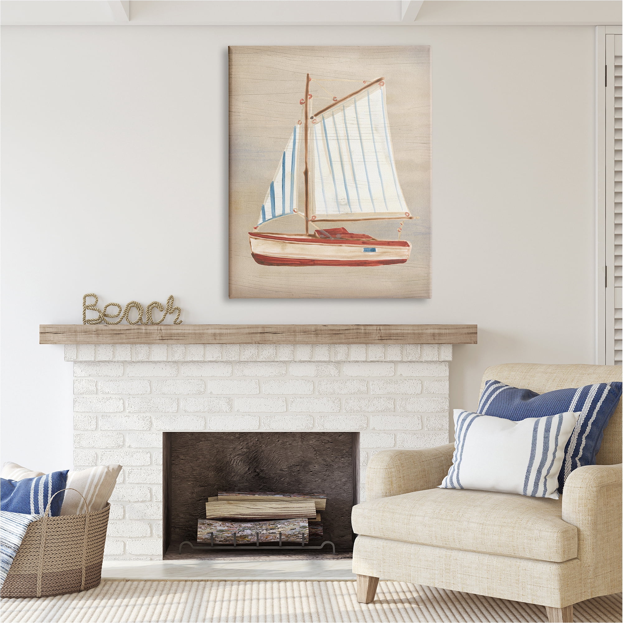Stupell Industries Rustic Red Sailboat Transportation Painting Gallery Wrapped Canvas Art Print Wall Art, 36 x 48