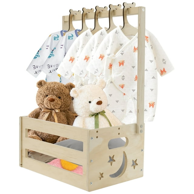 Xiyztok Caja de Ducha para Bebé, Armario de Madera Lisa, Canasta de Ducha para Bebé con Asa, Caja de Almacenamiento con 5 Ganchos para la Ducha Del Recién Nacido, 21.45 X 13.39in
